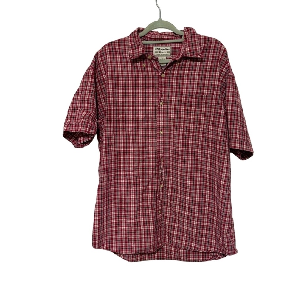 US Expedition Button Up Shirt Men's Size XL Short Sleeve Red/Navy Plaid Casual